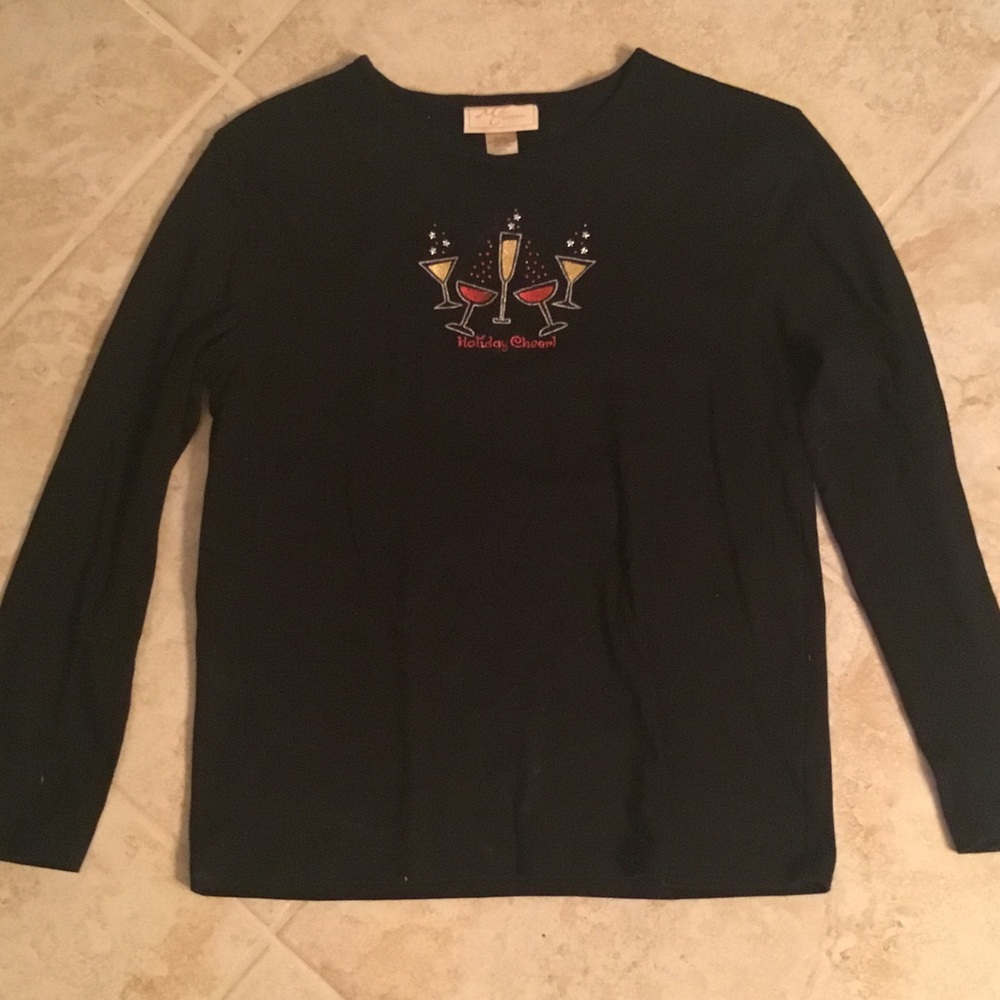 Black Long Sleeve Tee with  Embroidered Holiday  Design